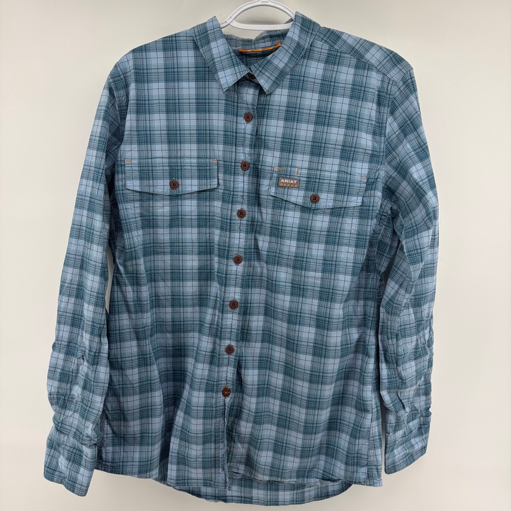 Ariat Rebar Womens L Blue Teal Plaid Long Sleeve Button Down Work Shirt 10044347